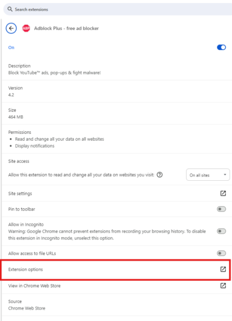 adblock plus extension options