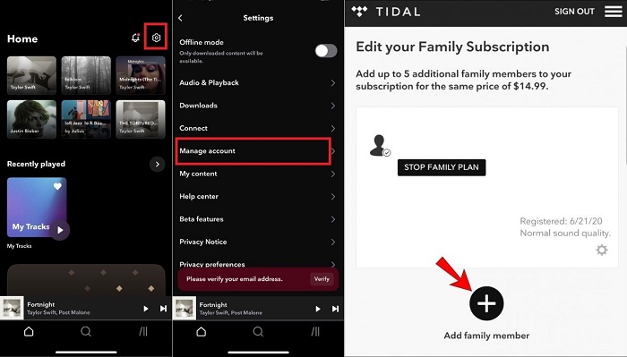 add members to tidal family plan on phone