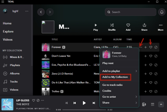 add tidal liked songs on desktop