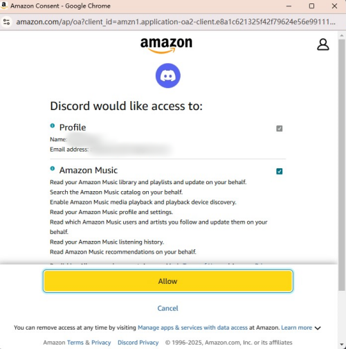 allow discord access amazon music account