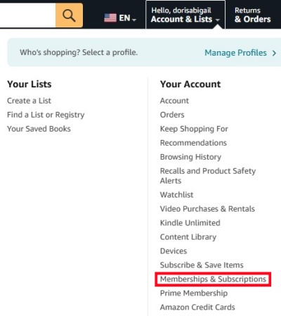 amazon account lists memberships and subscriptions