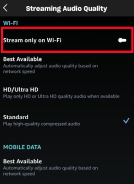 amazon music stream only on wifi