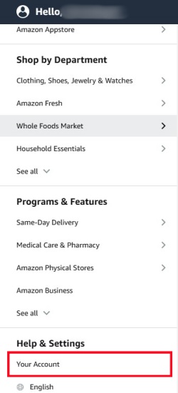 amazon your account option