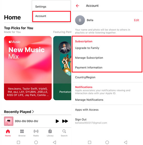 android apple music account subscriptions