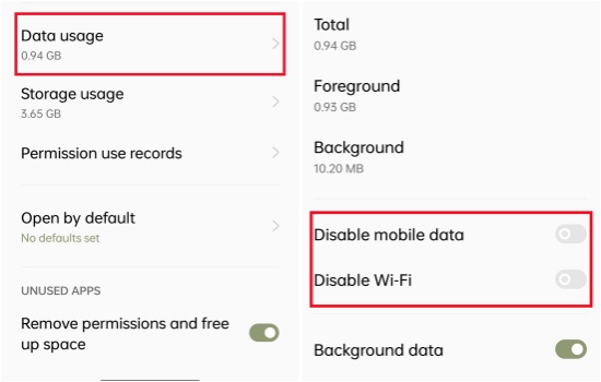 android check app mobile data wifi use option