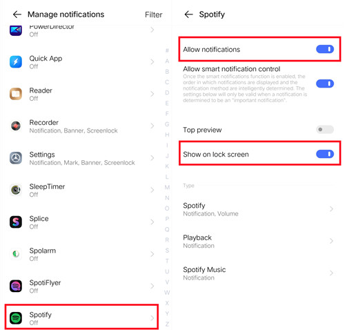 android settings manage notifications spotify