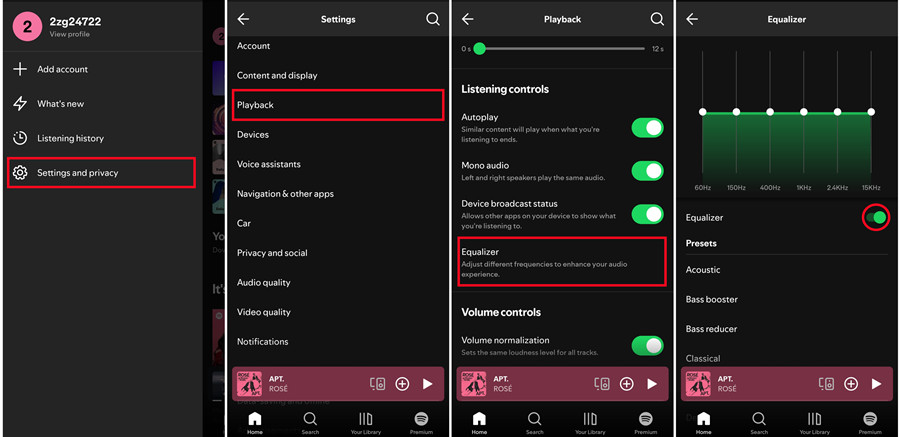 android spotify settings playback equalizer