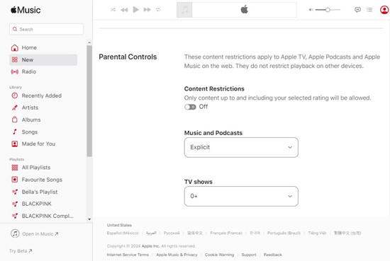 apple music web player settings parental controls