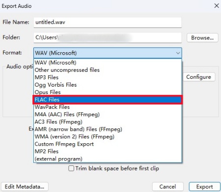 audacity export audio as flac files