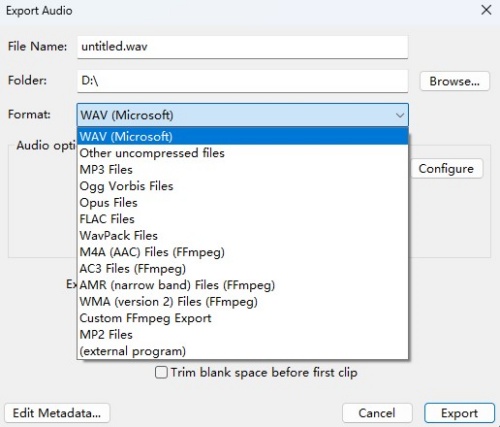 audacity export audio settings