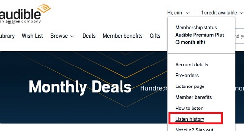 audible listen history on web