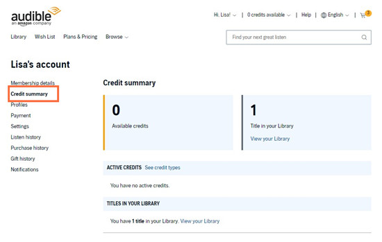 audible web account details credits summary