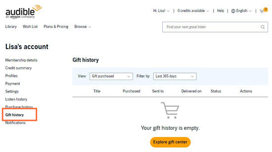 audible web account details gift history