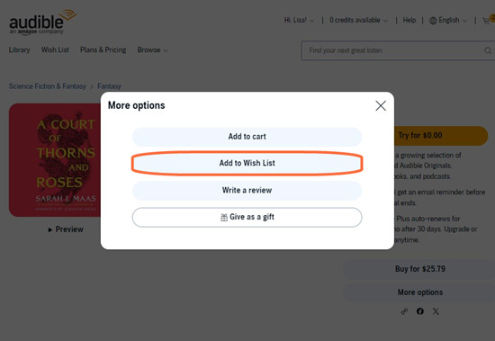 audible web audiobook more options add to wish list