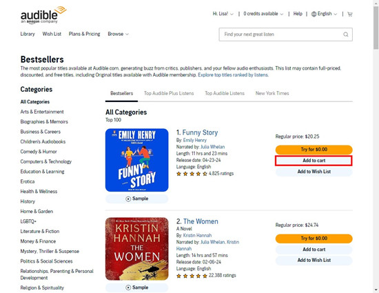 audible website bestsellers add to cart