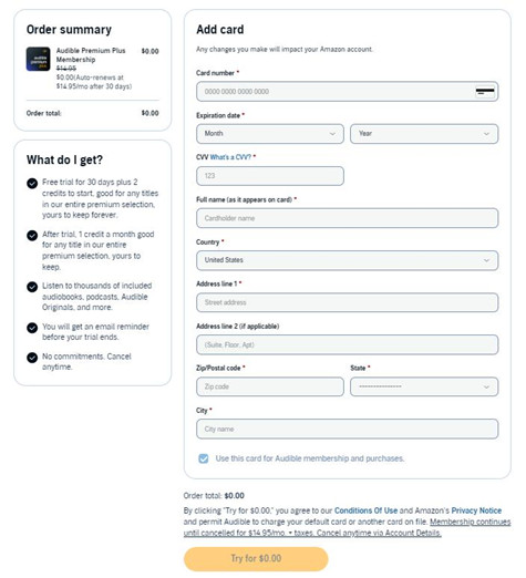 audible web free trial add card