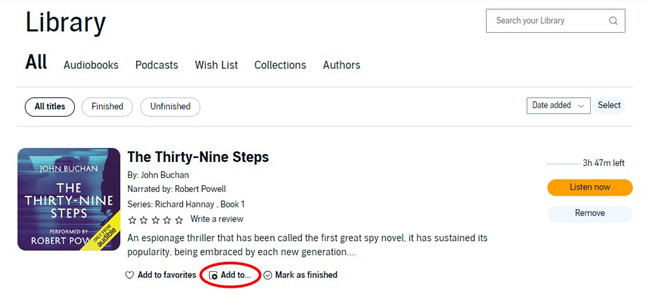 audible web library all titles add to collection