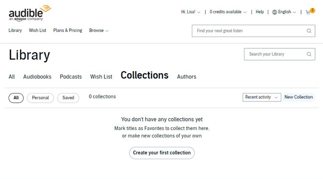 audible library web library collections create your first collection