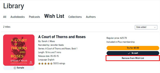 audible web library wish list remove from wish list