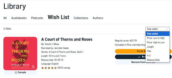 audible web library wish list sort