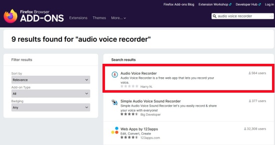 audio voice recorder in firefox add ons