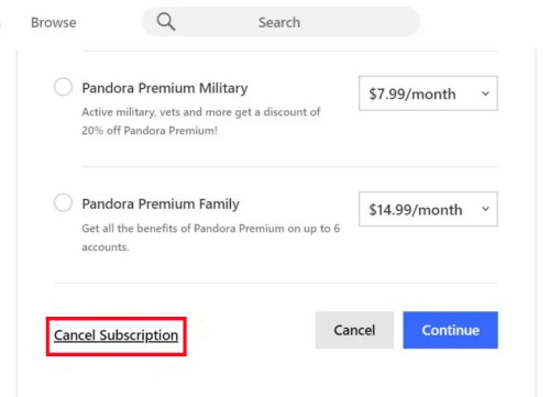 cancel pandora subscription on website