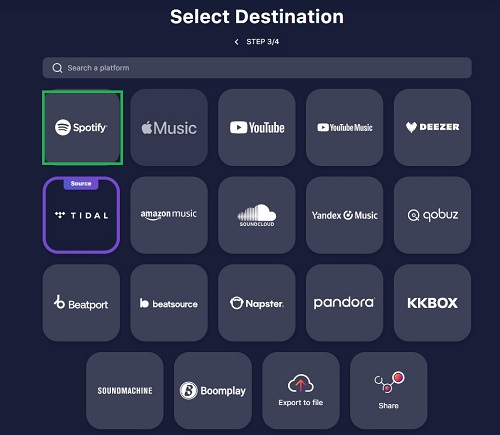 choose spotify as the destination on tunemymusic