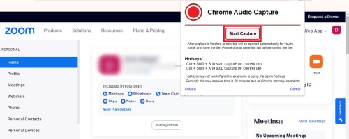 chrome audio capture start capture within zoom