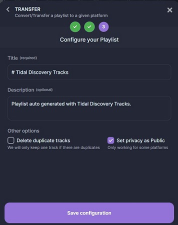 configure the transfer playlist from tidal to spotify