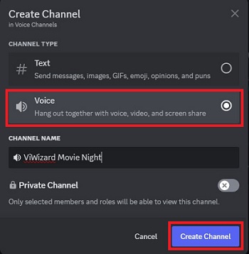 create a voice channel on discord