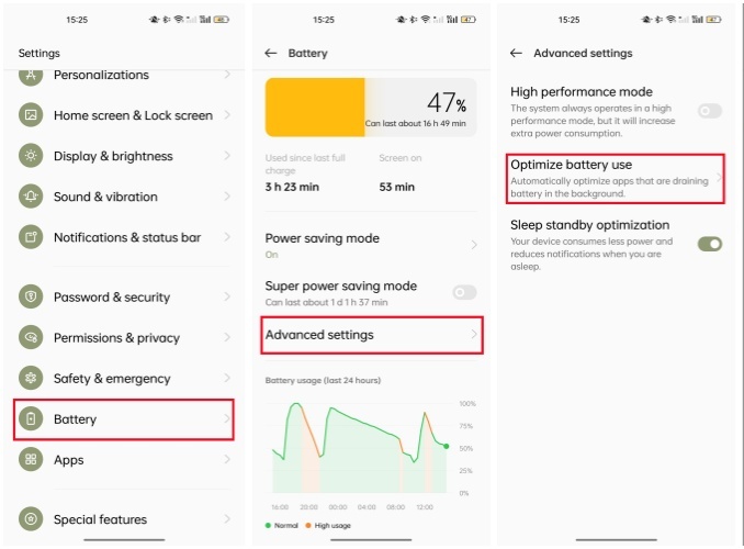 disable optimize battery use on android