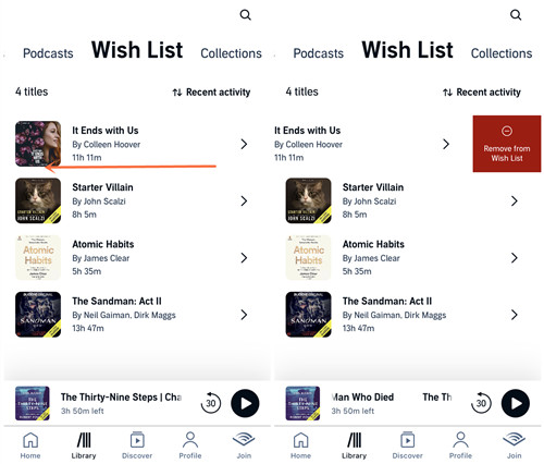 ios audible library wish list remove from wish list