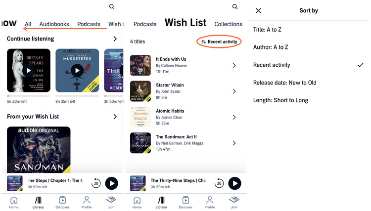 ios audible library wish list sort by