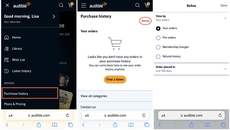 ios audible web menu purchase history refine