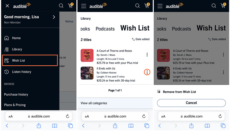 ios audible web menu wish list remove from wish list