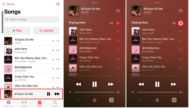 ios music songs now playing repeat one