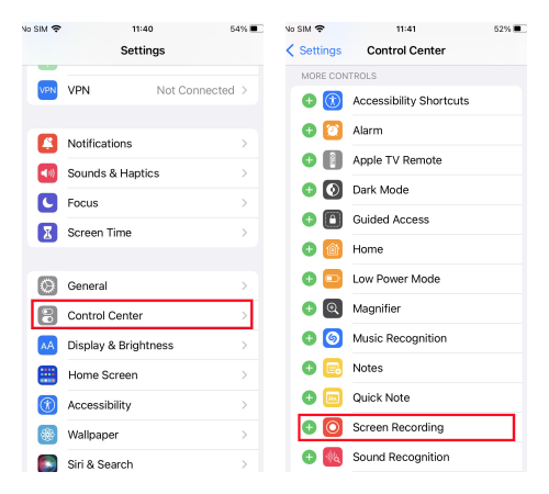 iphone settings control center screen recording
