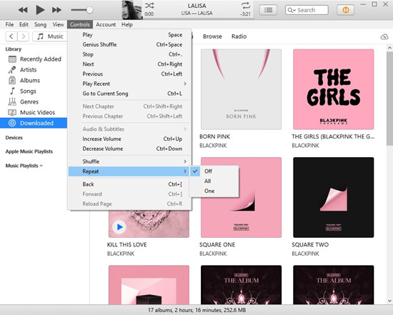 itunes controls repeat