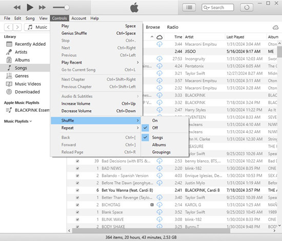 itunes controls shuffle on off