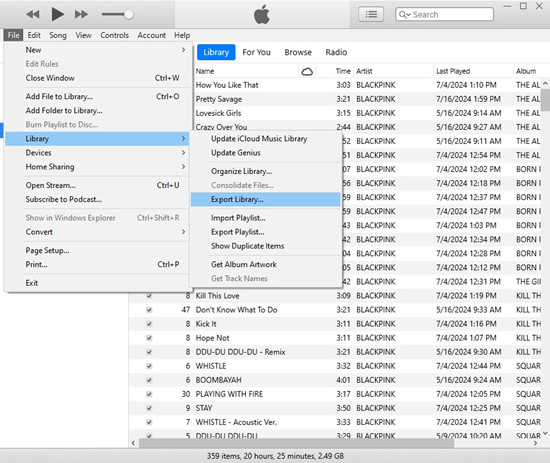 itunes file library export library