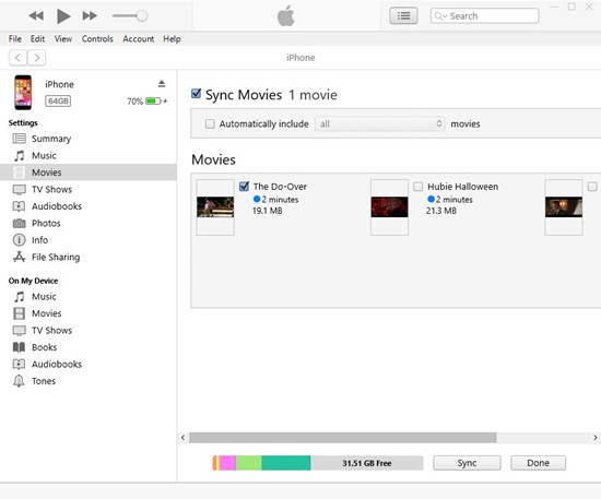 itunes iphone settings movies sync movies