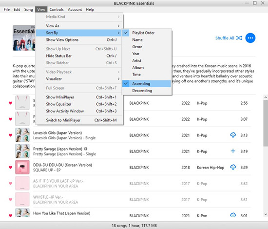 itunes playlist view sort by ascending