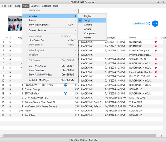 itunes playlist view as songs