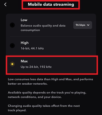 max quality when mobile data streaming on tidal