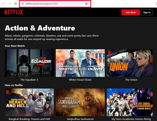 netflix web action adventure search code