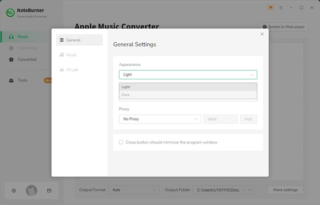 noteburner apple music converter general settings light dark mode