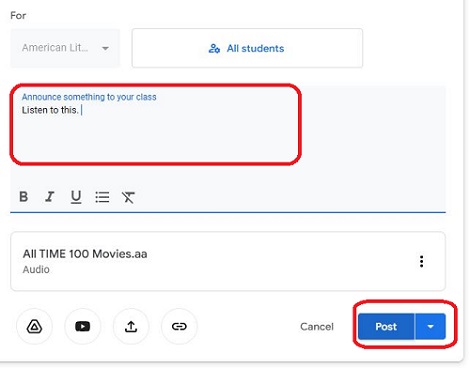 post the audible books on google classroom