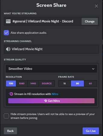 screen sharing settings on discord