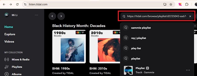 search tidal playlits via links