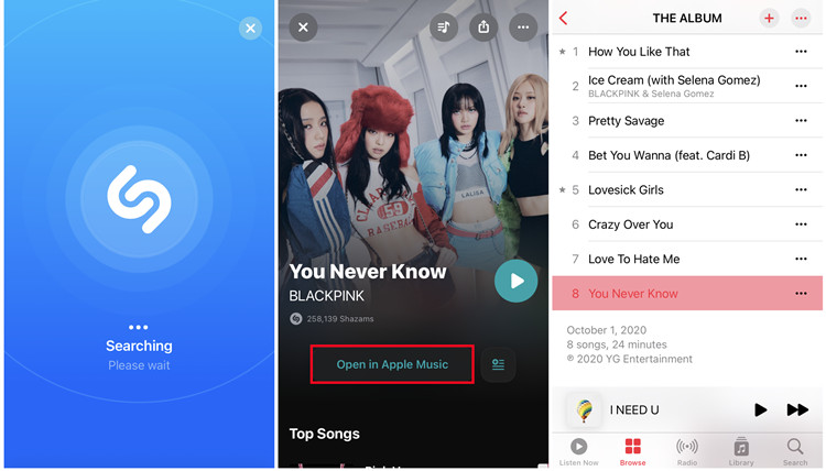 shazam identify tracks open in apple music